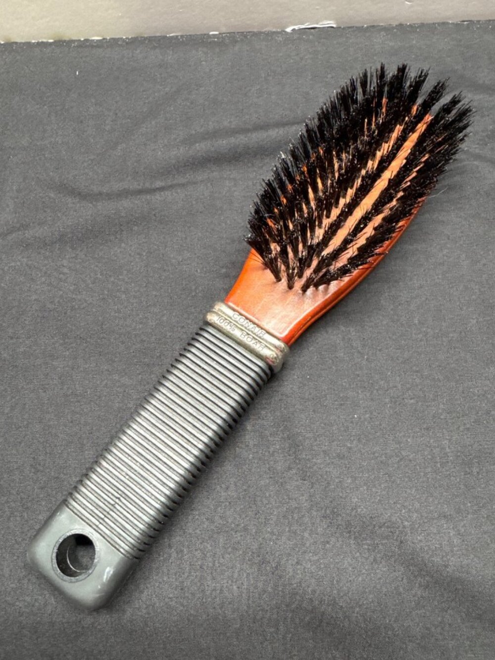 Conair 100% Boar Bristle Hair Brush With Rubber Grip Handle Black & Wood 9" Leng